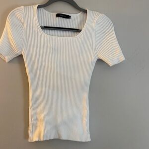 White Ribbed Square-Neck Short Sleeve Top